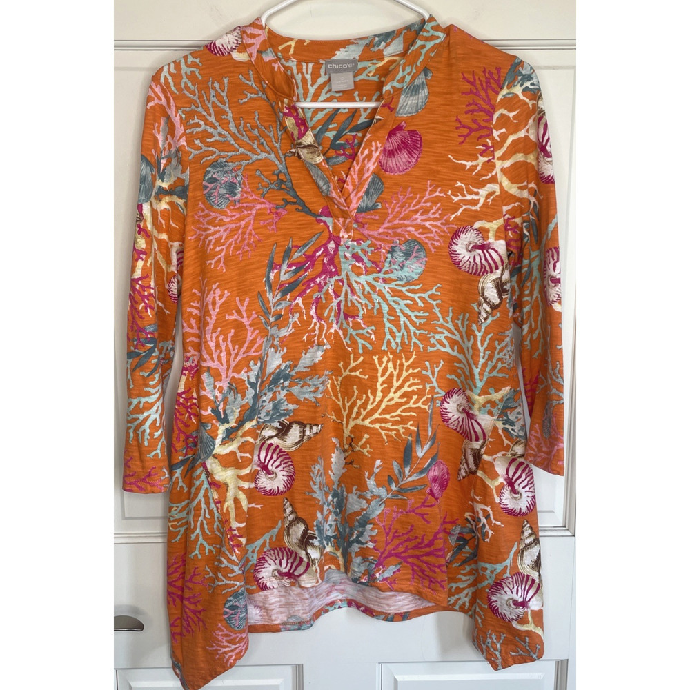 Chico’s Women's Coral Reef Printed Tunic Sz 0 Asymmetrical Hem Coastal Colorful